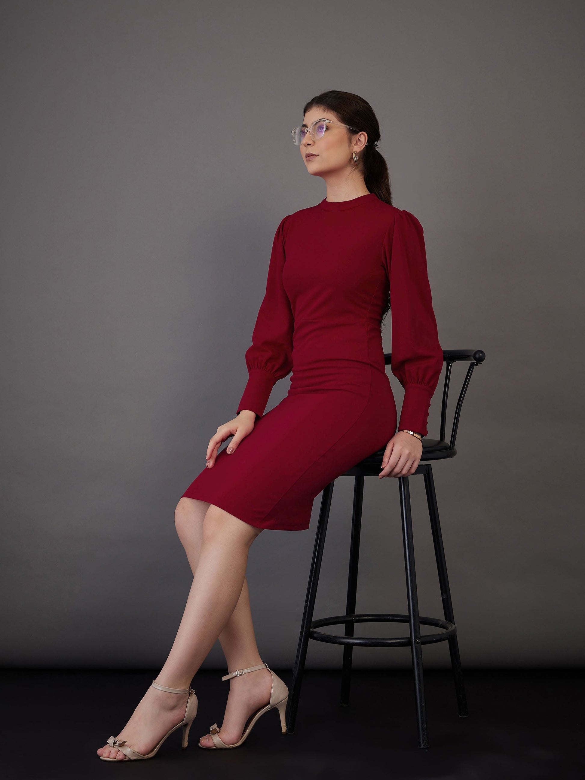Sassafras Women Red Puff Sleeves Bodycon Midi Dress XS / Red Sassafras Women Red Puff Sleeves Bodycon Midi Dress XS / Red