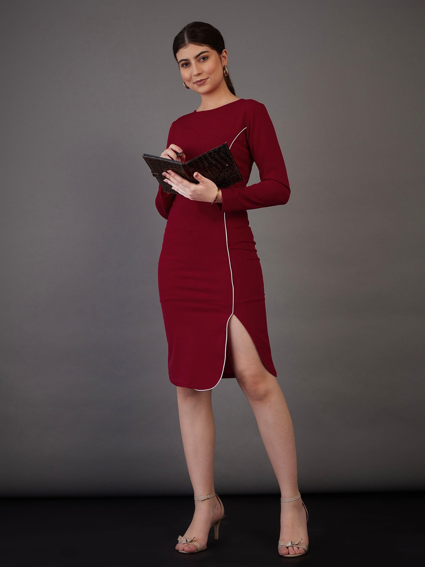 Red Contrast Piping Bodycon Midi Dress