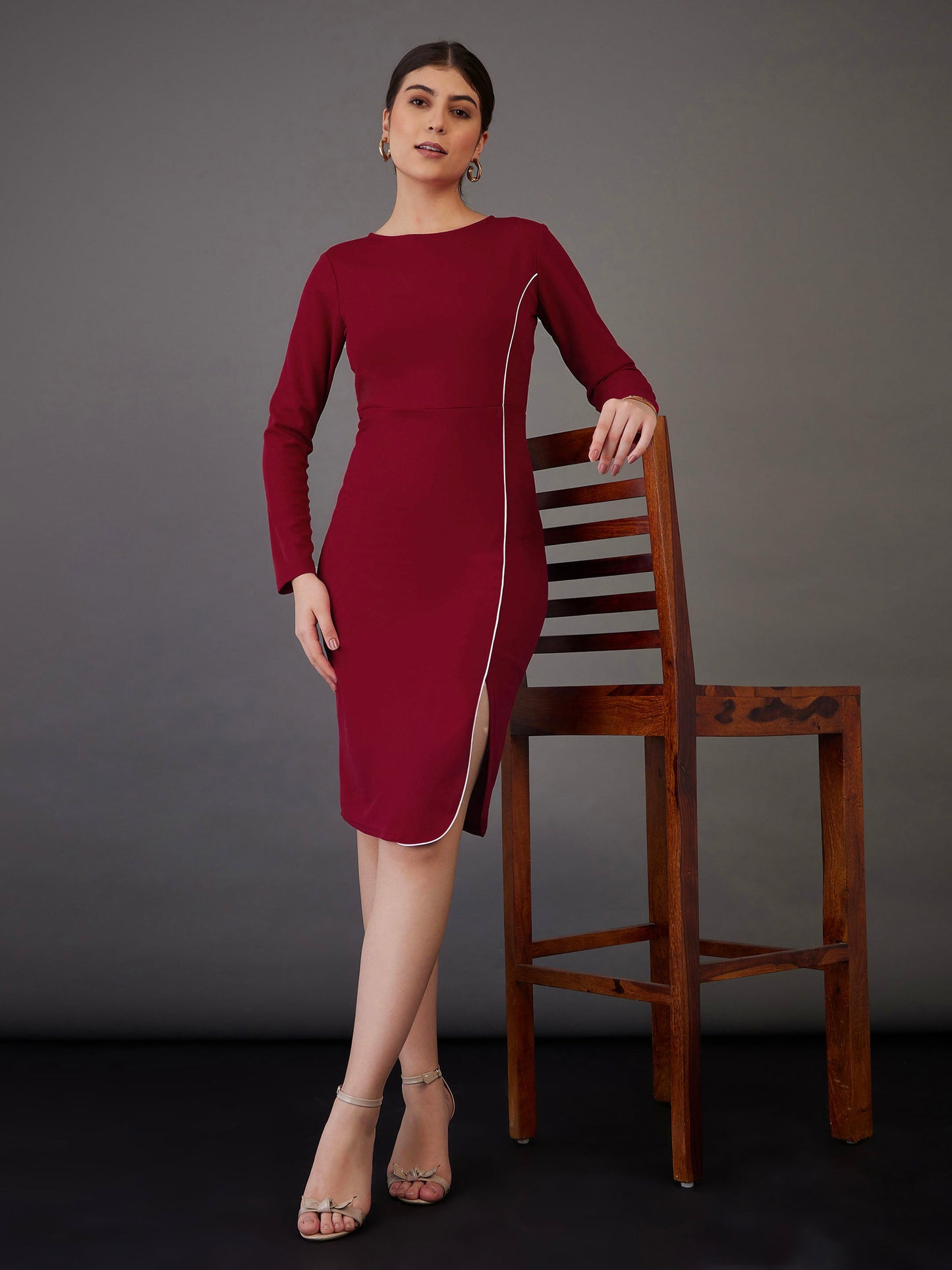 Red Contrast Piping Bodycon Midi Dress