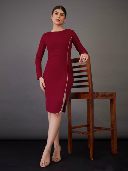 Red Contrast Piping Bodycon Midi Dress