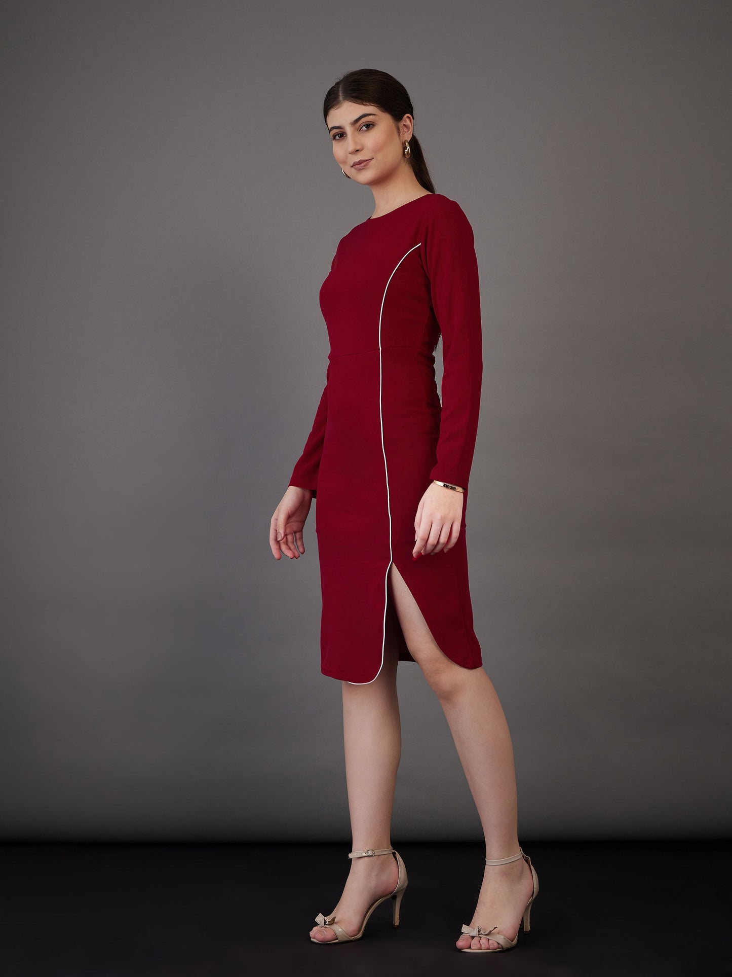 Red Contrast Piping Bodycon Midi Dress
