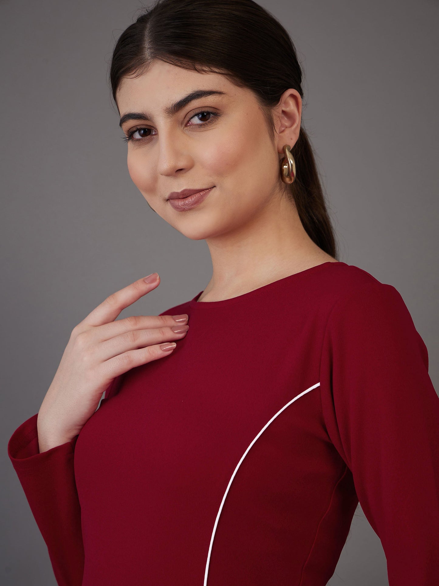 Red Contrast Piping Bodycon Midi Dress