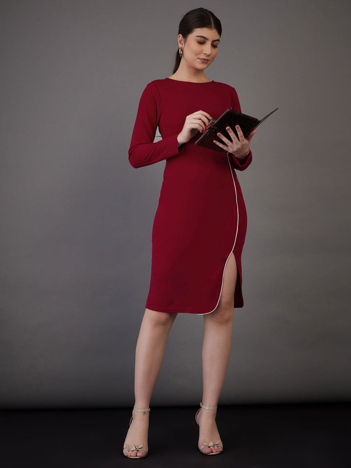Red Contrast Piping Bodycon Midi Dress
