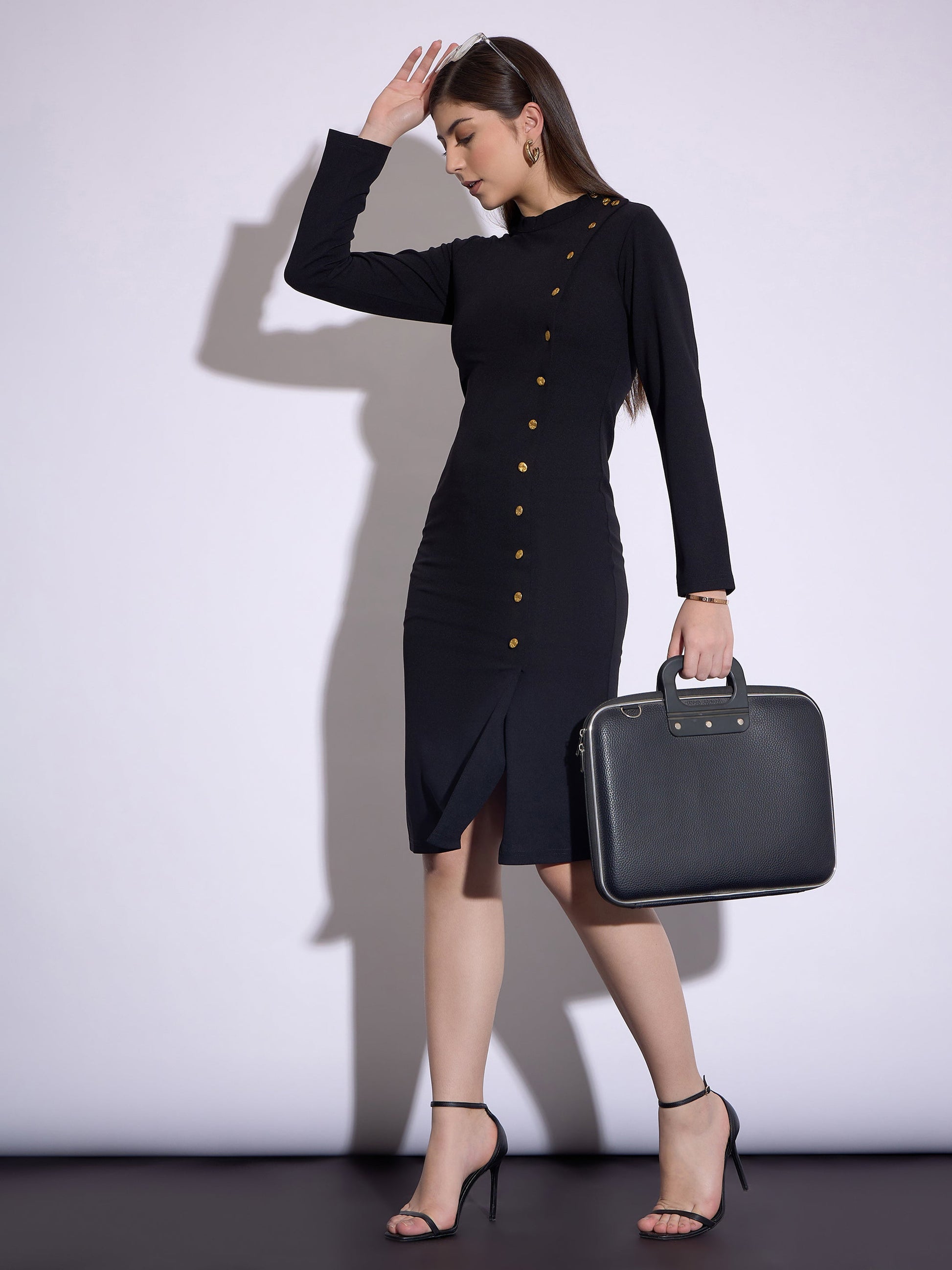 Women Black Front Button Bodycon Midi Dress S(34) / Black
