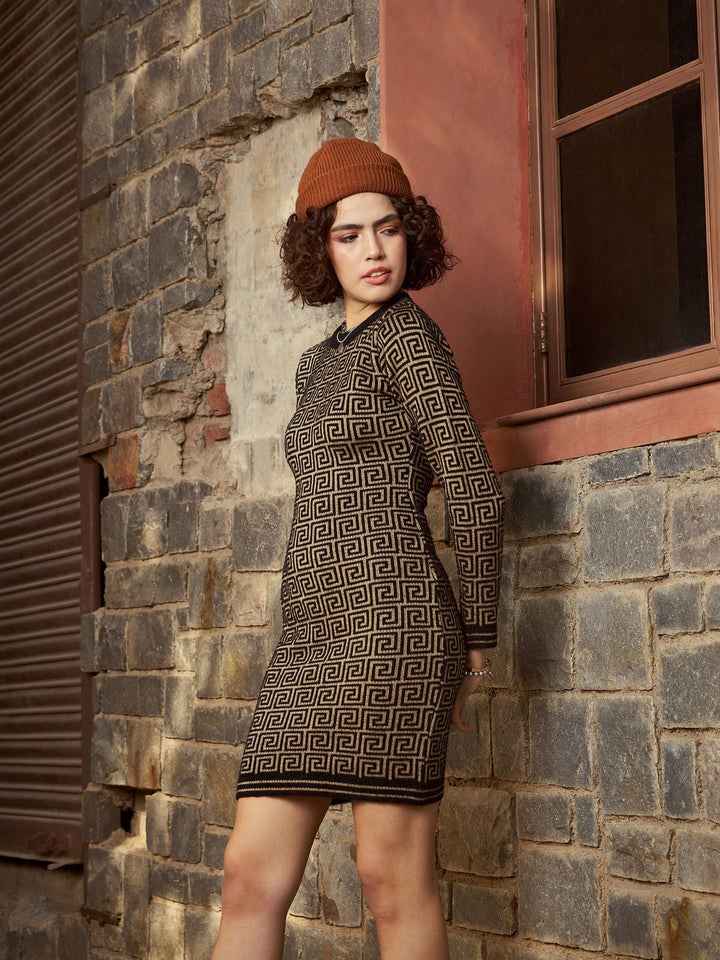 Women Beige &amp; Black Geo Woolen Sweater Dress