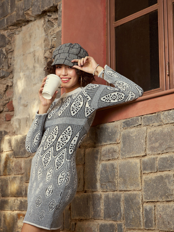 Women Grey &amp; Black Geo Woolen Sweater Dress