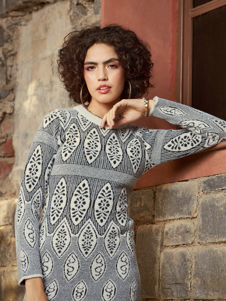 Women Grey &amp; Black Geo Woolen Sweater Dress