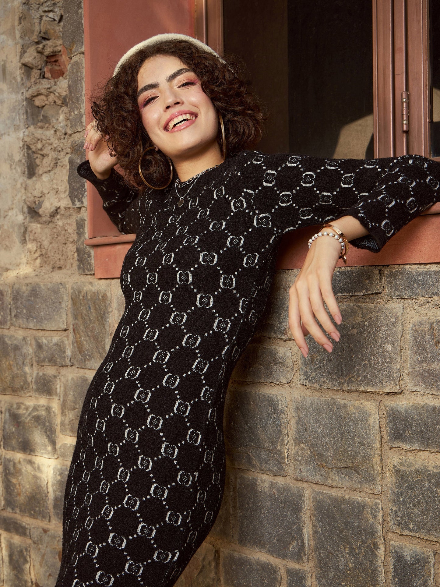 Black Geo Woolen Sweater Dress