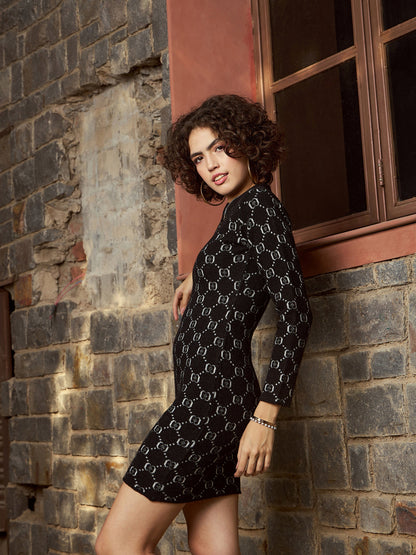 Black Geo Woolen Sweater Dress
