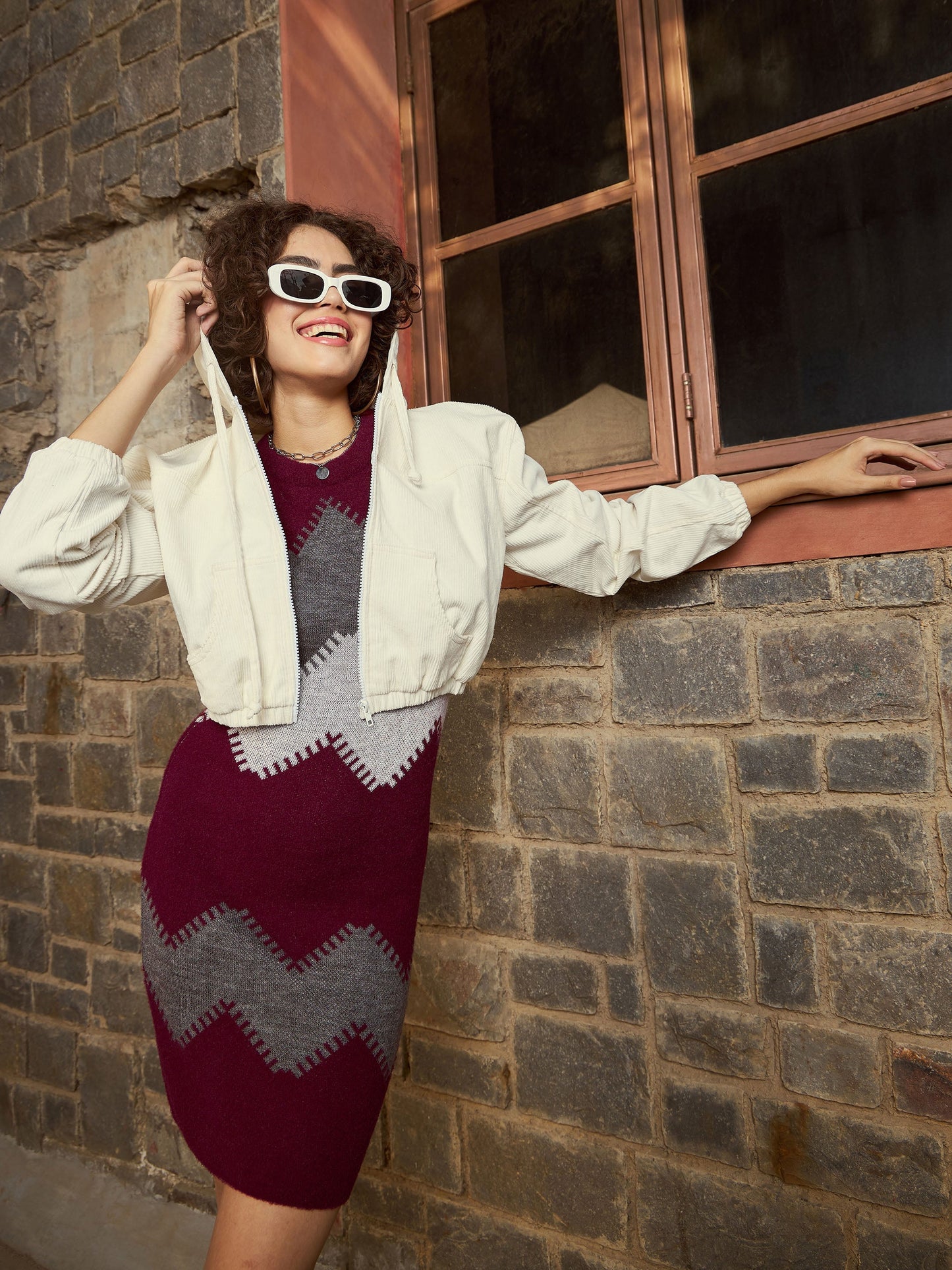 Maroon Zig Zag Woolen Sweater Dress