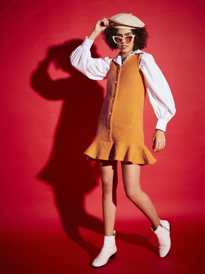 Orange Tweed Front Button Frill Hem Dress