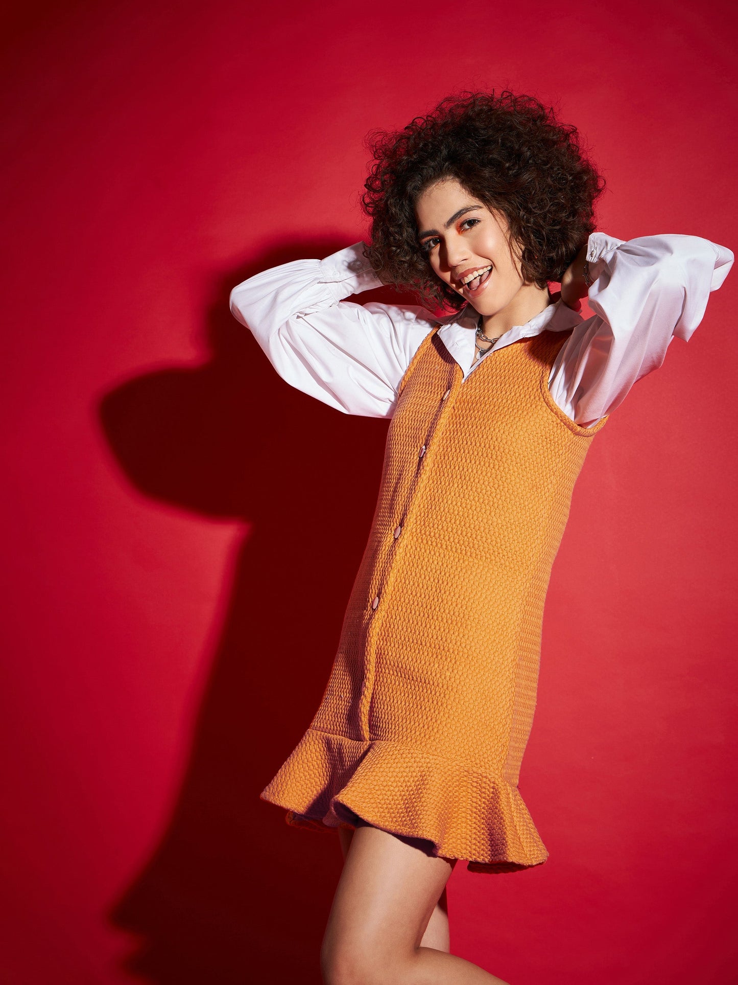 Orange Tweed Front Button Frill Hem Dress