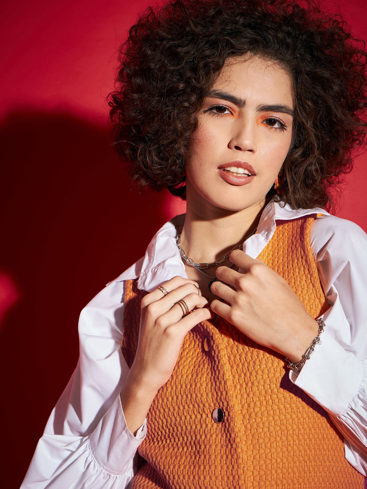 Orange Tweed Front Button Frill Hem Dress