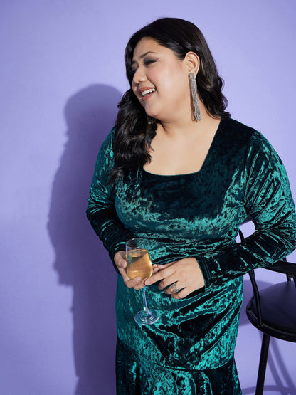 Emerald Velvet Frill Hem Short Dress