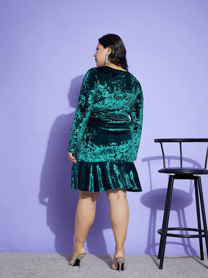 Emerald Velvet Frill Hem Short Dress