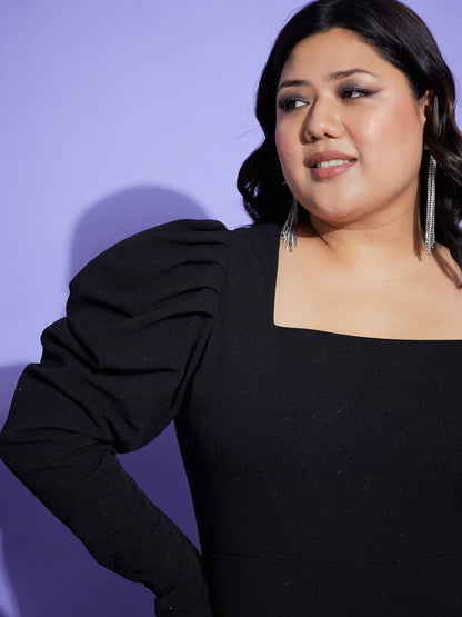 Black Glitter Puff Sleeves Frill Hem Bodycon Dress-SASSAFRAS Curve