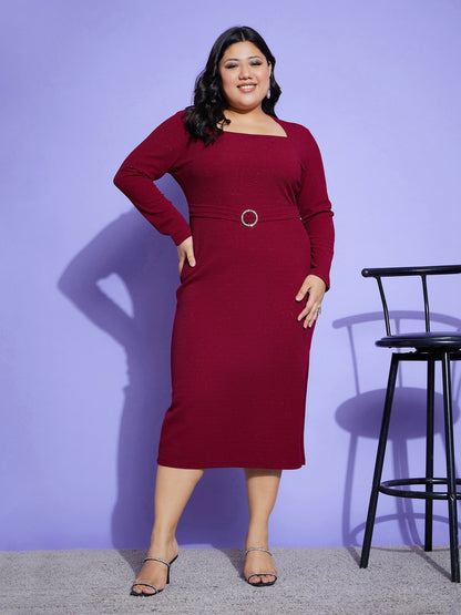 Plus size women's Pink Karera Crepe Pink Glitter Side Slit Belted Midi Dress by Sassafras Curve for wholesale buyers, boutiques, resellers and bulk