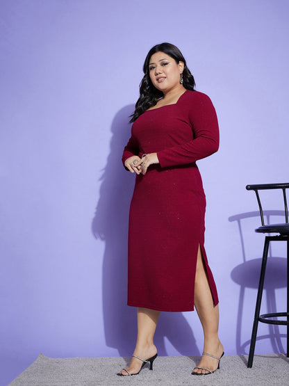 Pink Glitter Side Slit Belted Midi Dress-SASSAFRAS Curve