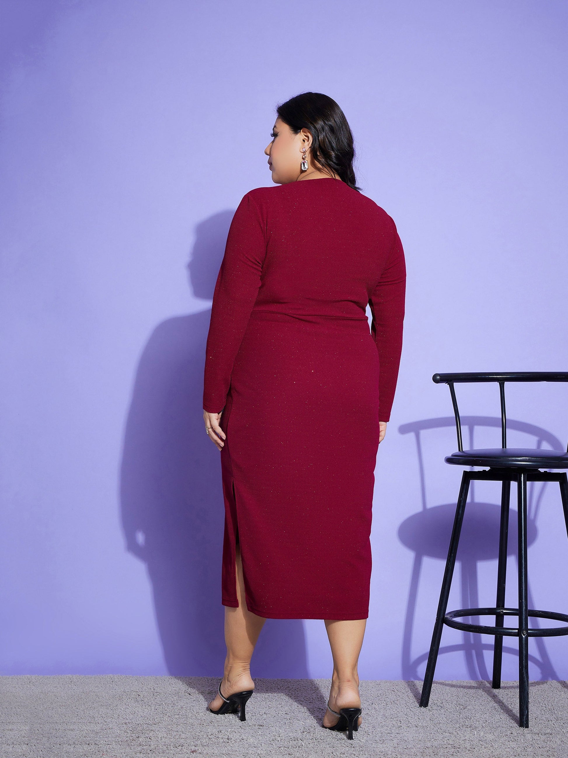 Pink Glitter Side Slit Belted Midi Dress-SASSAFRAS Curve