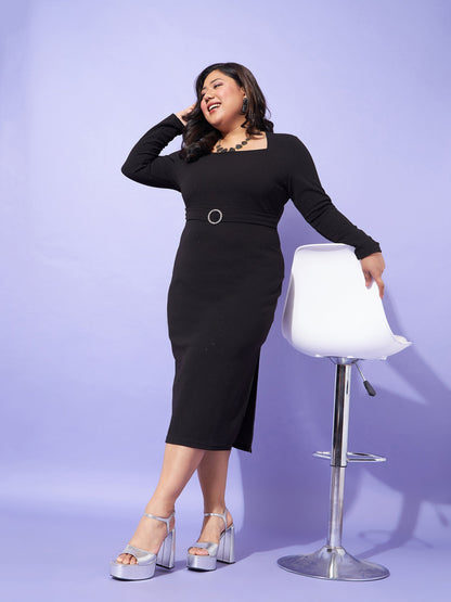 Black Glitter Side Slit Belted Midi Dress-SASSAFRAS Curve