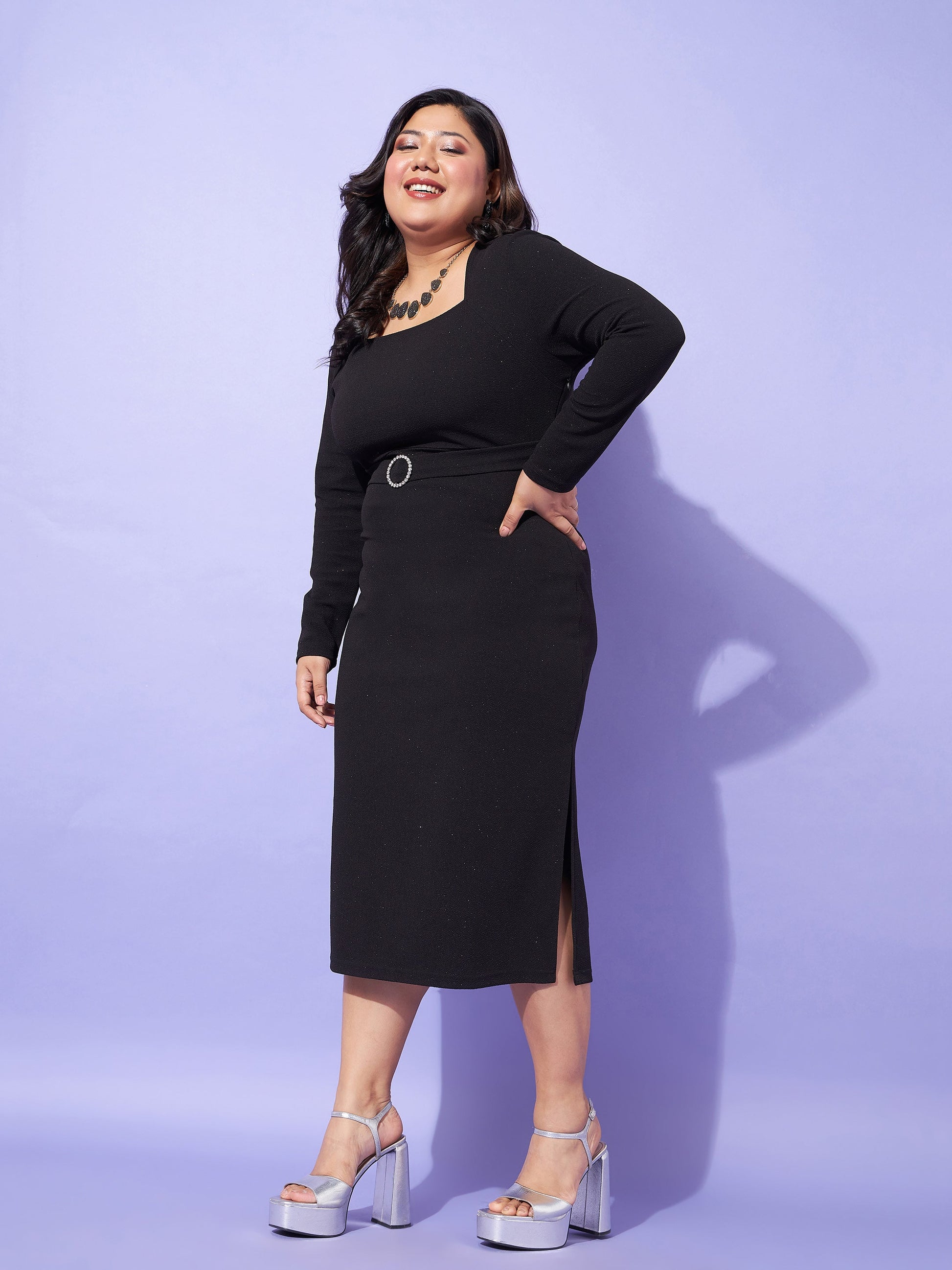 Black Glitter Side Slit Belted Midi Dress-SASSAFRAS Curve