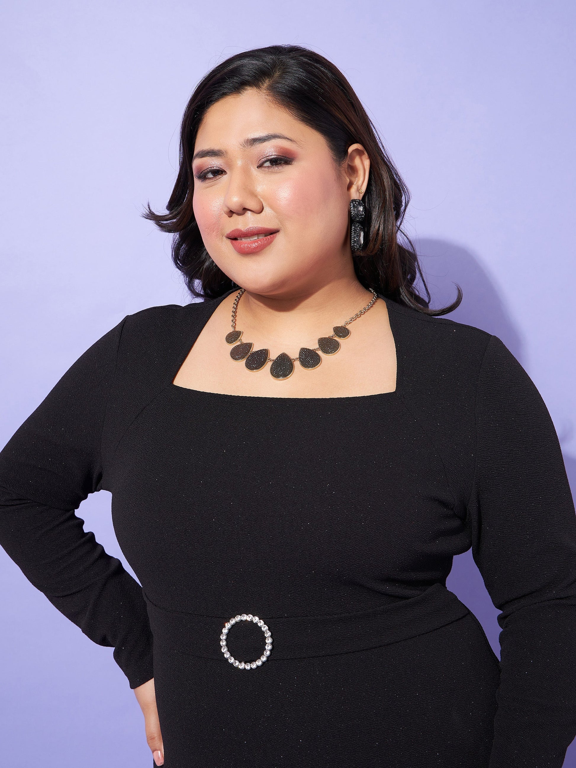 Black Glitter Side Slit Belted Midi Dress-SASSAFRAS Curve