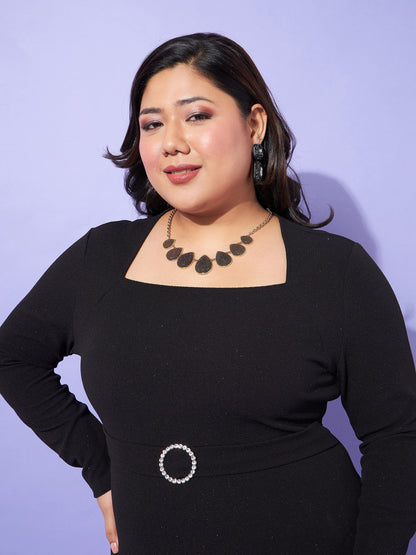 Black Glitter Side Slit Belted Midi Dress-SASSAFRAS Curve