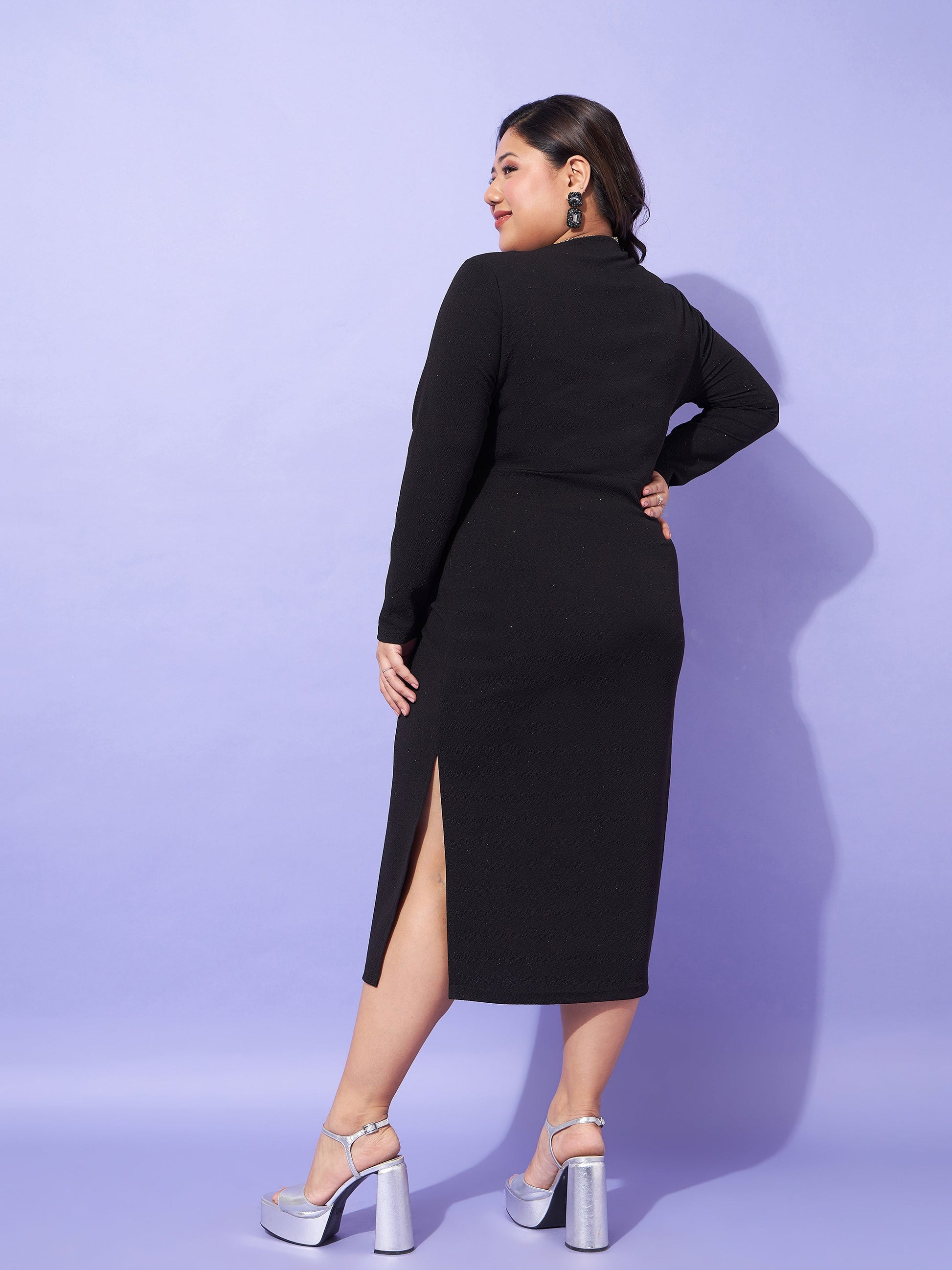 Black Glitter Side Slit Belted Midi Dress-SASSAFRAS Curve
