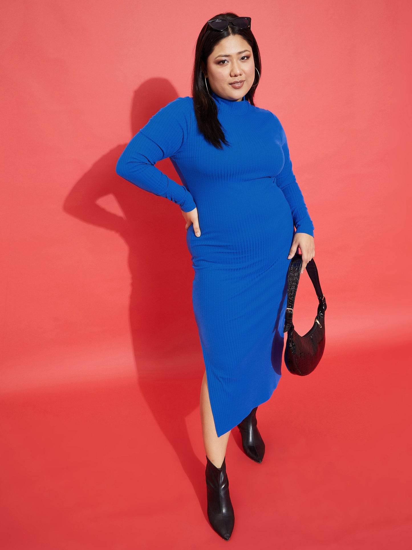 Plus size women's Blue Polycotton Royal Blue Rib Side Slit Bodycon Midi Dress by Sassafras Curve for wholesale buyers, boutiques, resellers and bulk