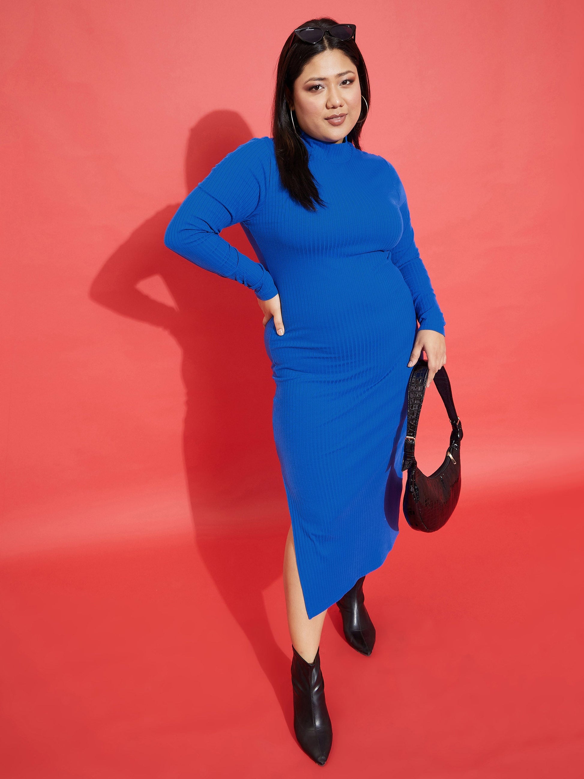 Plus size women's Blue Polycotton Royal Blue Rib Side Slit Bodycon Midi Dress by Sassafras Curve for wholesale buyers, boutiques, resellers and bulk