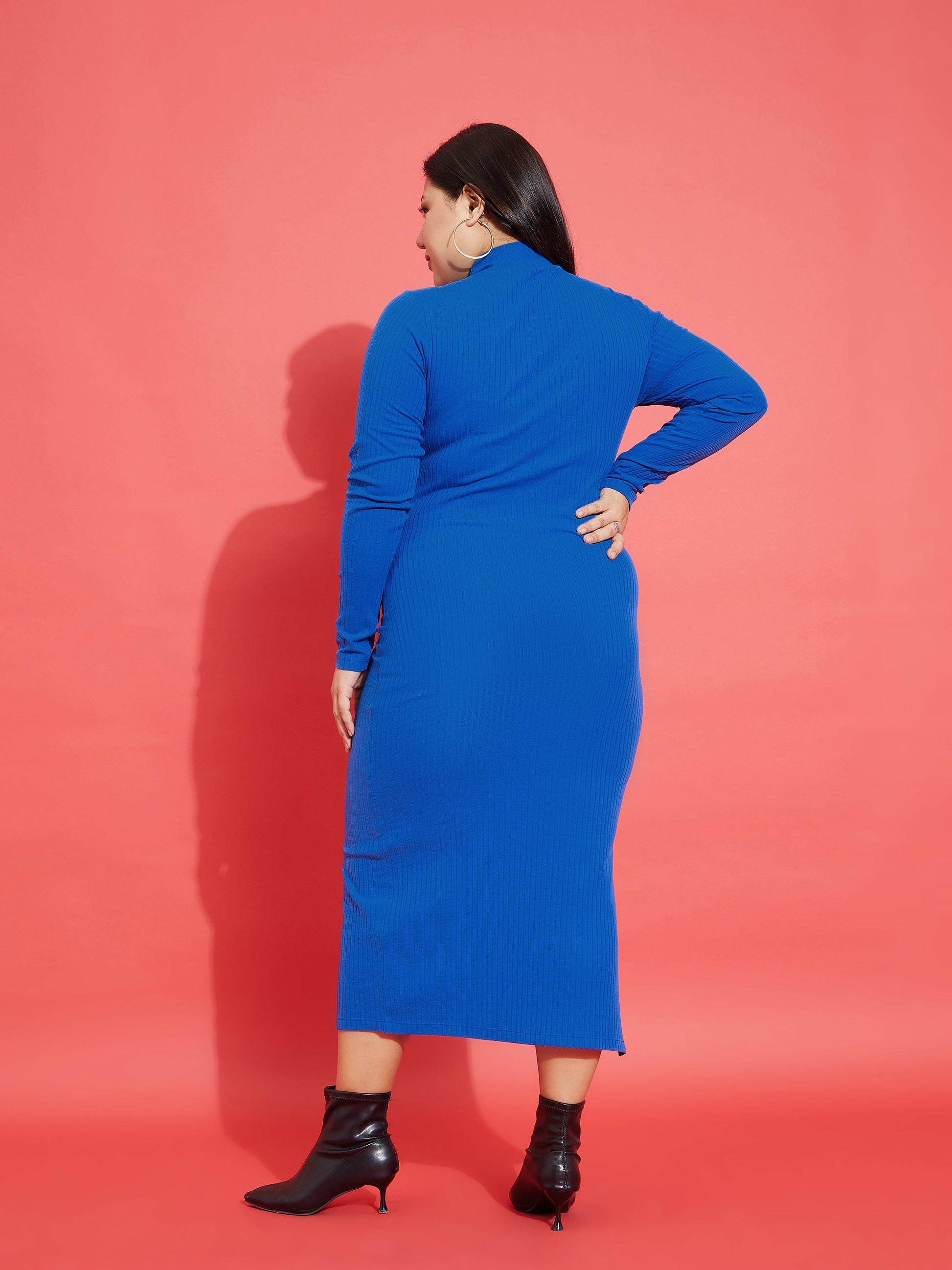 Royal Blue Rib Side Slit Bodycon Midi Dress-SASSAFRAS Curve