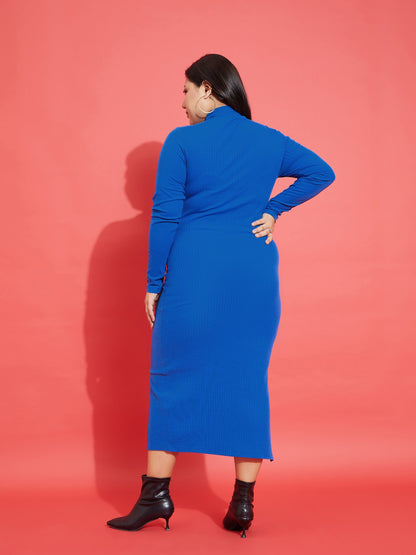 Royal Blue Rib Side Slit Bodycon Midi Dress-SASSAFRAS Curve