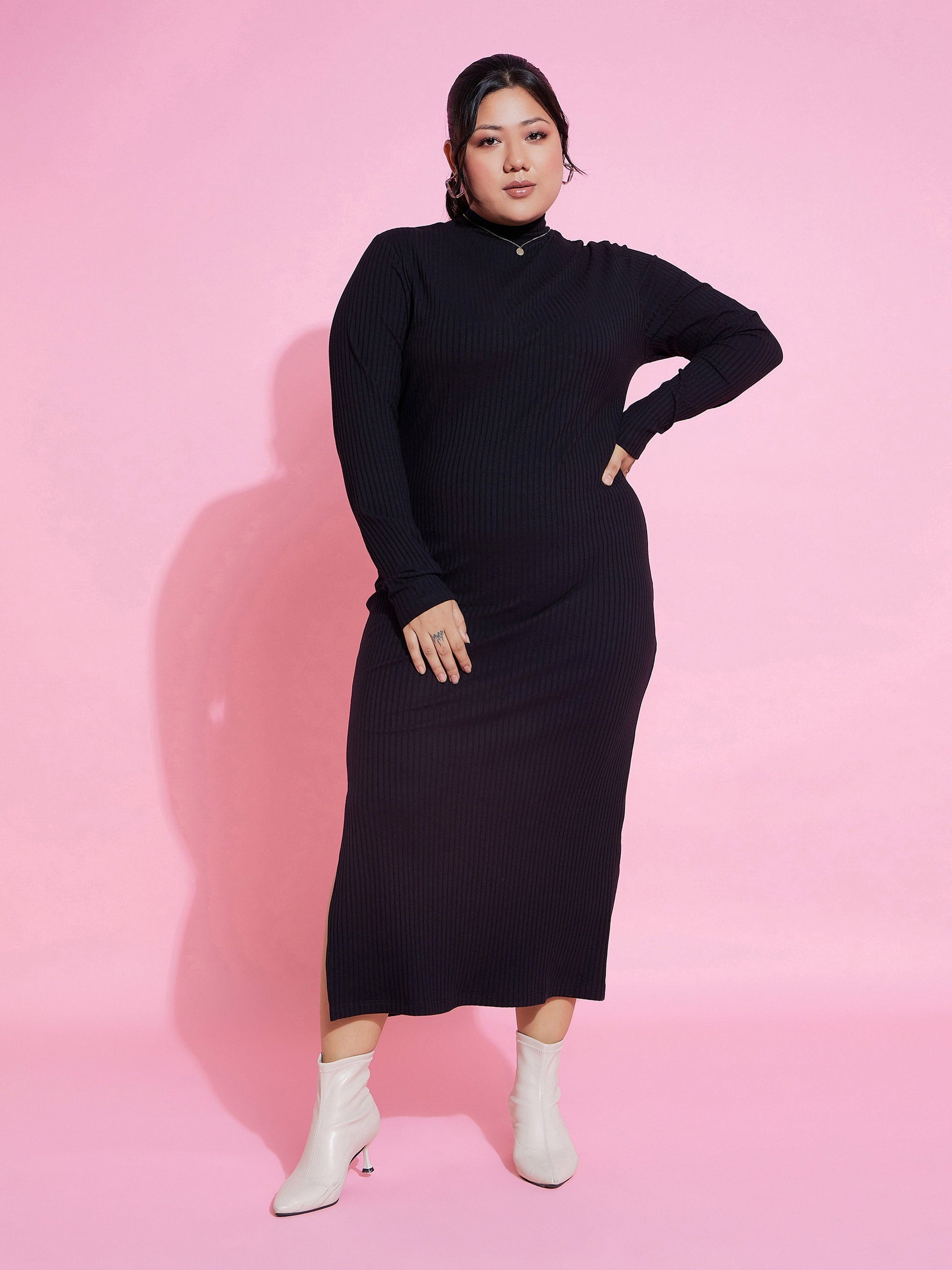 Plus size women's Black Polycotton Black Rib Side Slit Bodycon Midi Dress by Sassafras Curve for wholesale buyers, boutiques, resellers and bulk