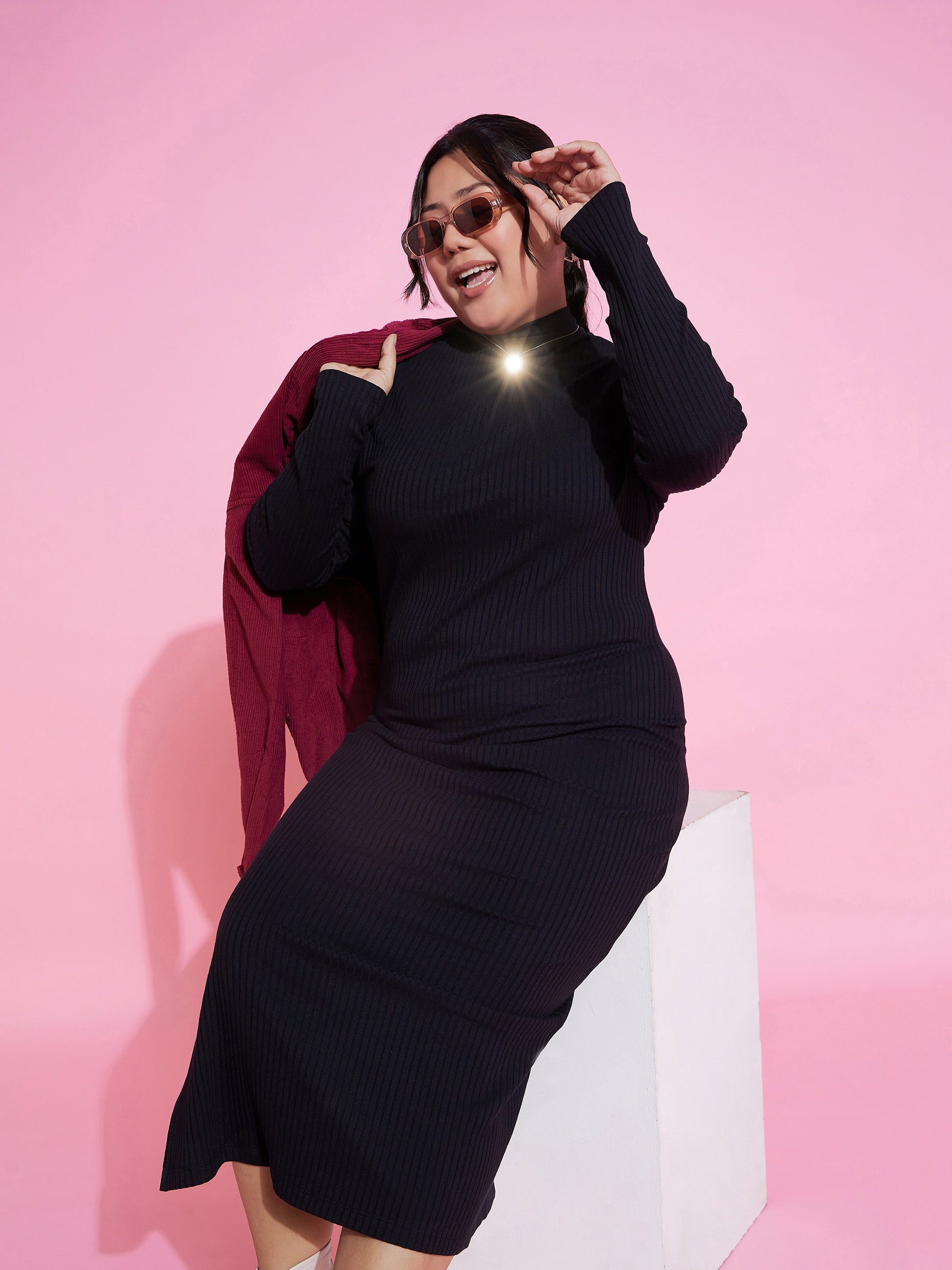 Black Rib Side Slit Bodycon Midi Dress-SASSAFRAS Curve