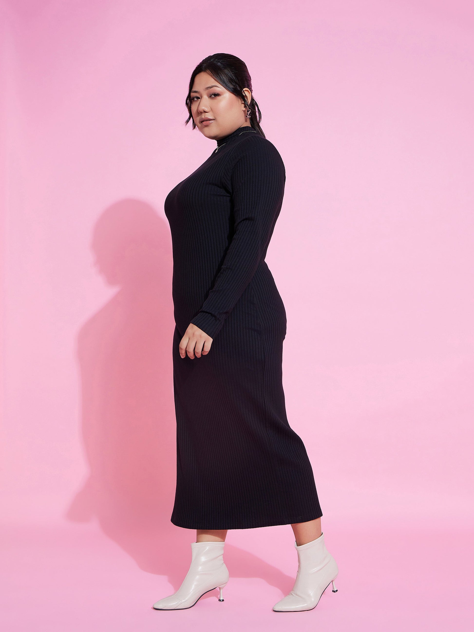 Black Rib Side Slit Bodycon Midi Dress-SASSAFRAS Curve