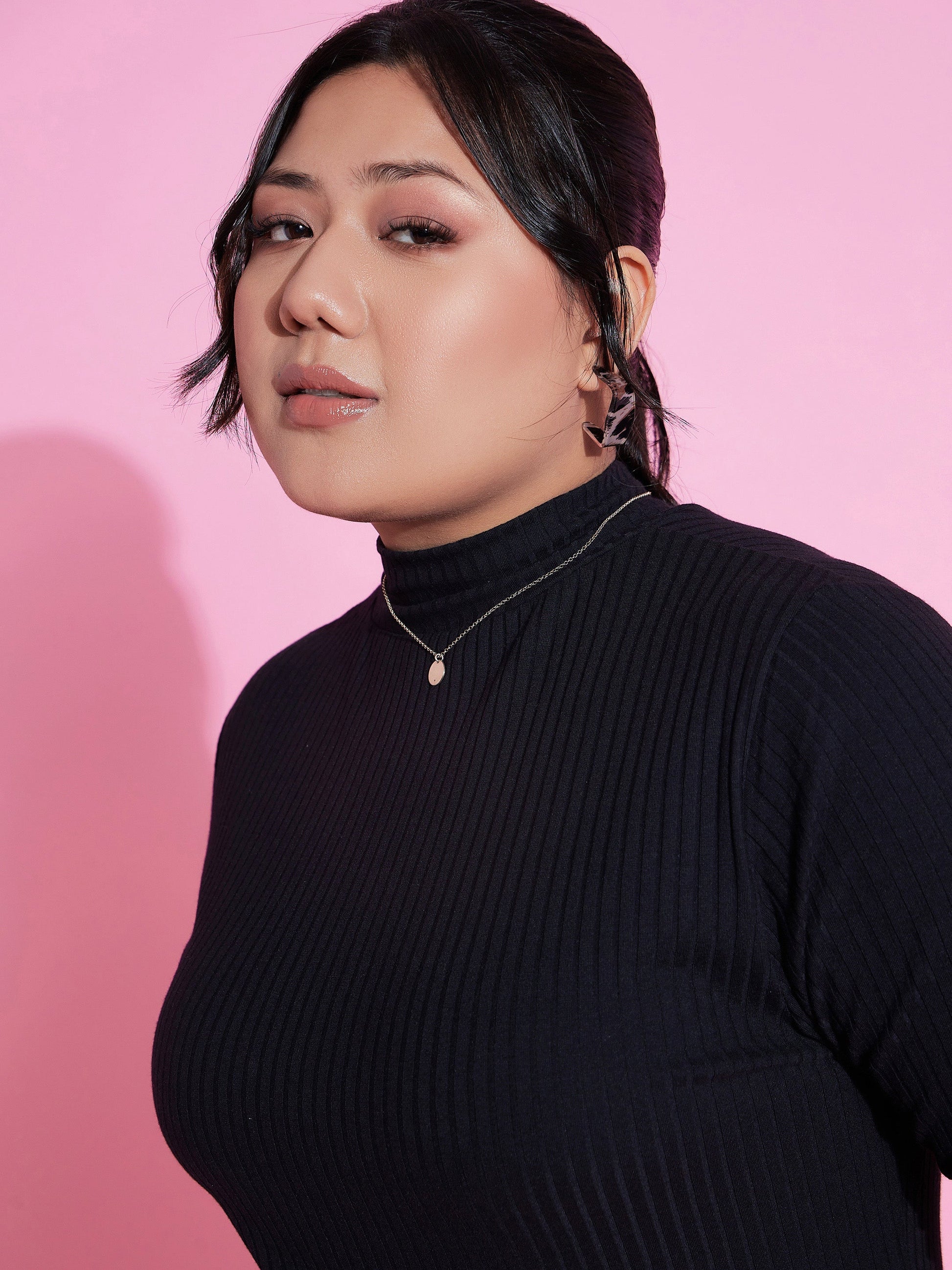 Black Rib Side Slit Bodycon Midi Dress-SASSAFRAS Curve