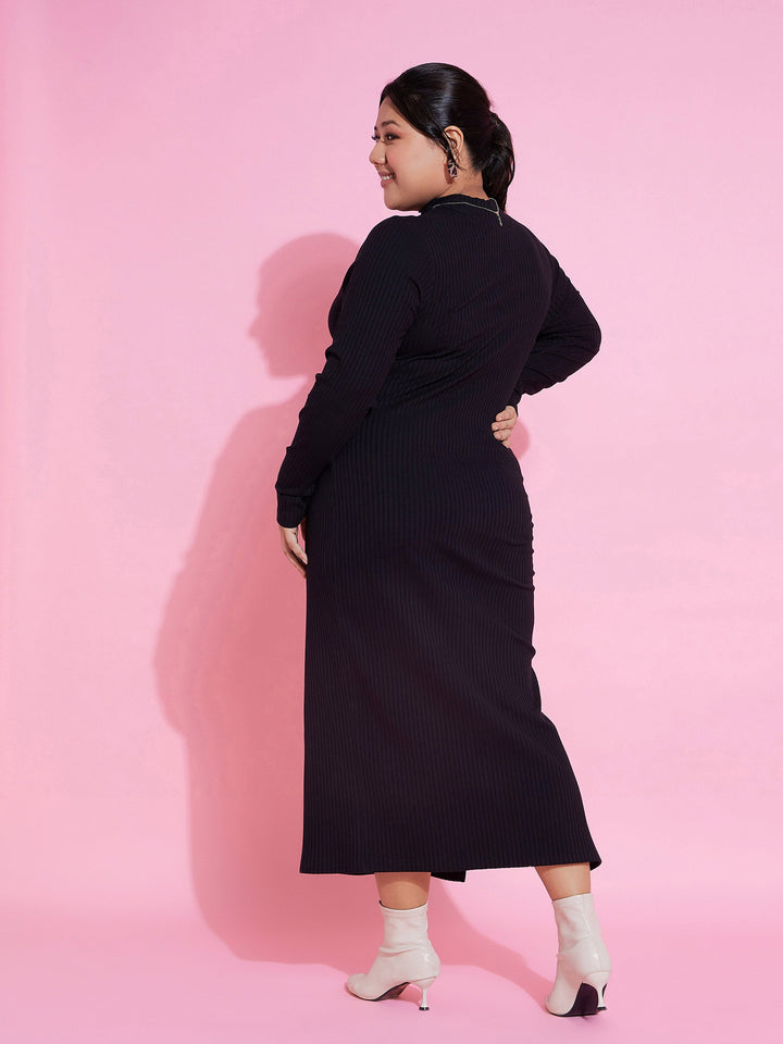 Black Rib Side Slit Bodycon Midi Dress-SASSAFRAS Curve