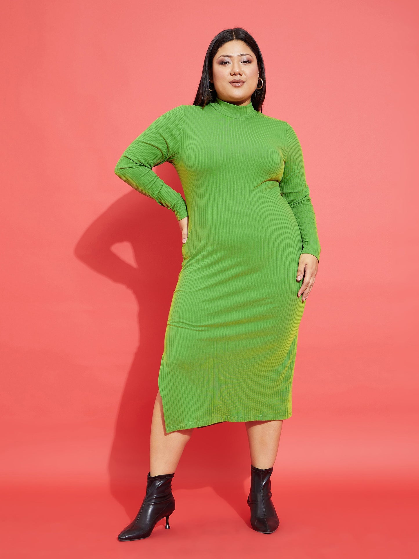 Green Rib Side Slit Bodycon Midi Dress