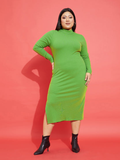 Green Rib Side Slit Bodycon Midi Dress