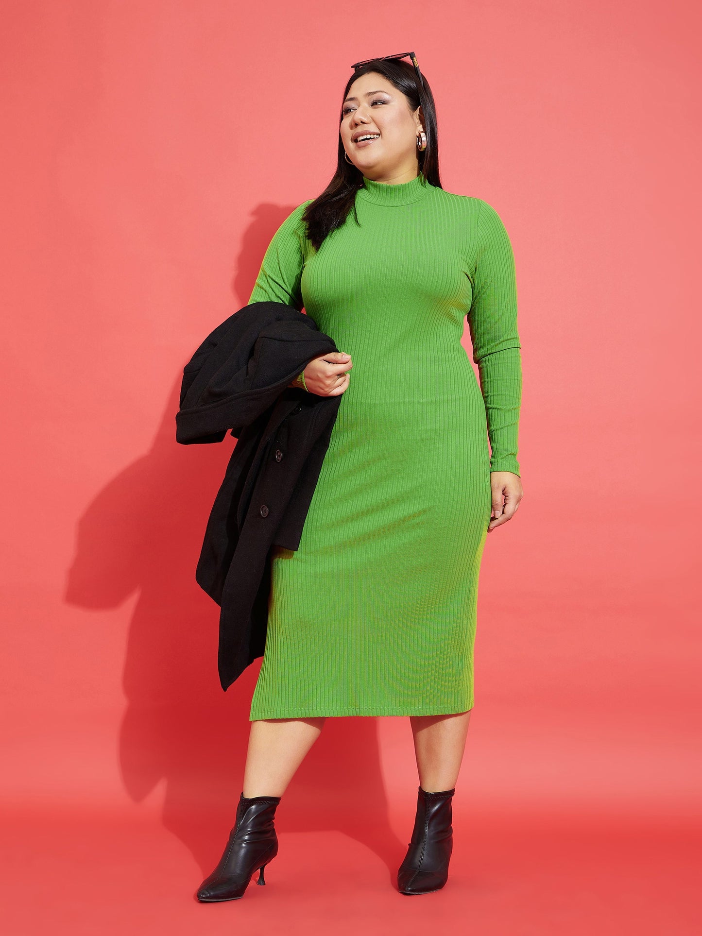 Green Rib Side Slit Bodycon Midi Dress