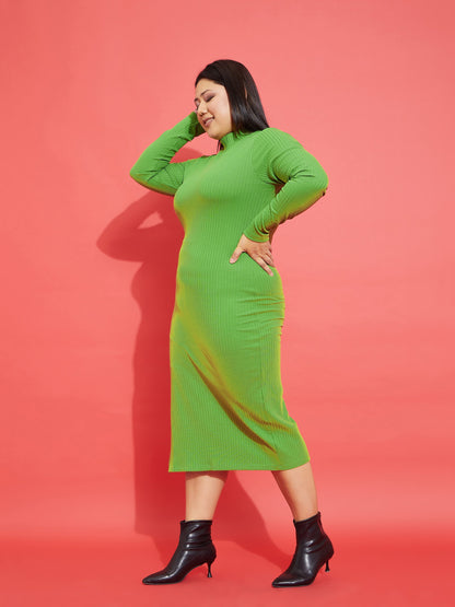 Green Rib Side Slit Bodycon Midi Dress