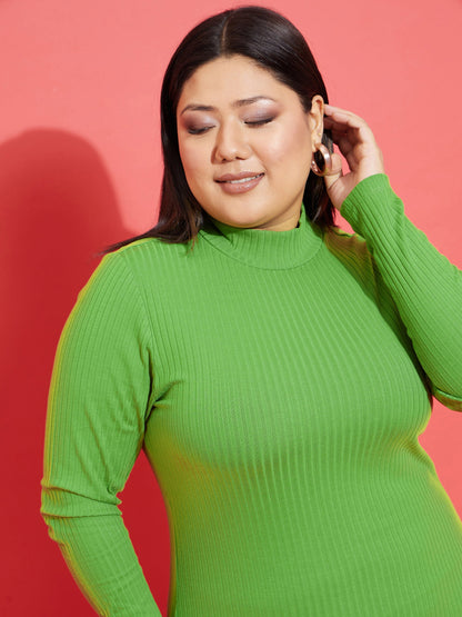 Green Rib Side Slit Bodycon Midi Dress