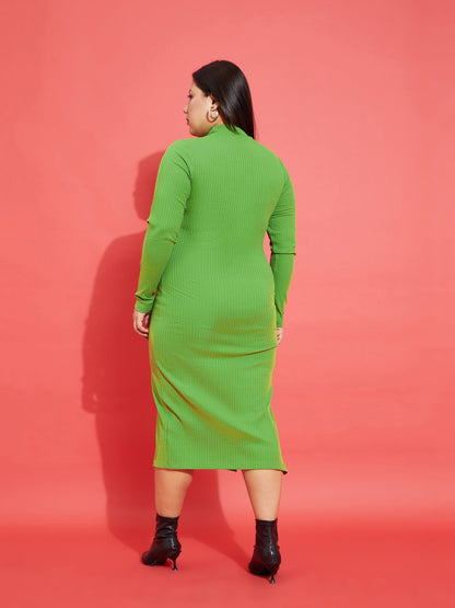 Green Rib Side Slit Bodycon Midi Dress