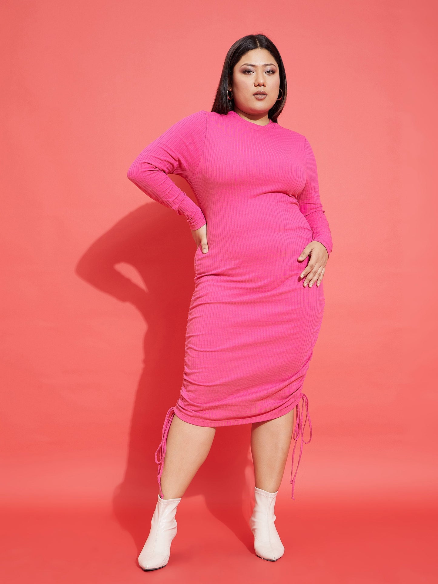 Pink Rib Side Ruching Bodycon Dress