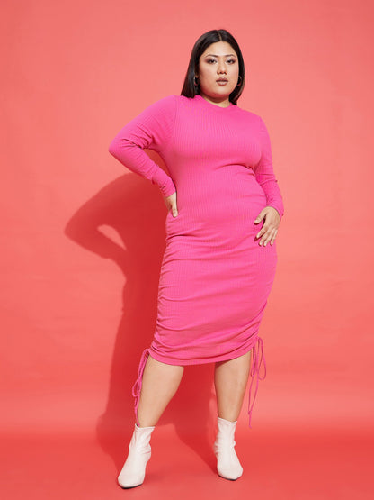 Pink Rib Side Ruching Bodycon Dress