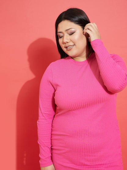 Pink Rib Side Ruching Bodycon Dress