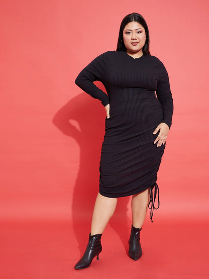 Plus size women's Black Polycotton Black Rib Side Ruching Bodycon Dress by Sassafras Curve for wholesale buyers, boutiques, resellers and bulk orders