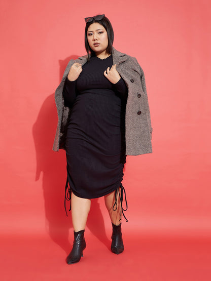 Black Rib Side Ruching Bodycon Dress-SASSAFRAS Curve