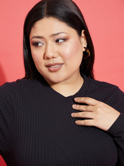 Black Rib Side Ruching Bodycon Dress-SASSAFRAS Curve