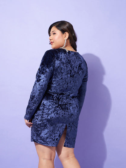 Navy Velvet Front Ruching Mini Dress